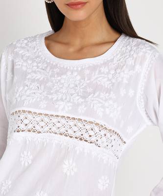 Vahson chikankari handcrafted lucknowi cotton short white kurta for women 5