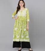 Vahson women mulmul chikankari anarkali kurti printed a-line gown style long flared kurta for girls light green