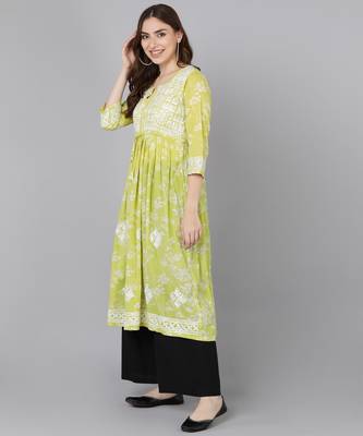 Vahson women mulmul chikankari anarkali kurti printed a-line gown style long flared kurta for girls light green 2