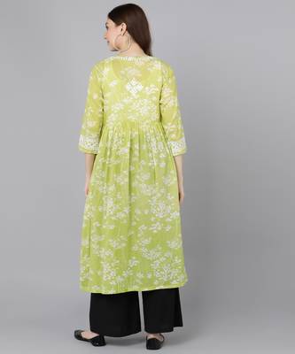 Vahson women mulmul chikankari anarkali kurti printed a-line gown style long flared kurta for girls light green 3