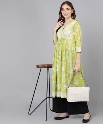 Vahson women mulmul chikankari anarkali kurti printed a-line gown style long flared kurta for girls light green 4