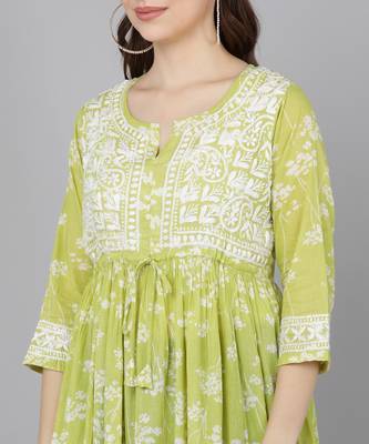Vahson women mulmul chikankari anarkali kurti printed a-line gown style long flared kurta for girls light green 5