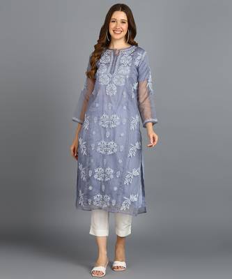 Vahson women's hand embroidered organza lucknowi chikankari kurta grey 1