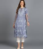 Vahson women's hand embroidered organza lucknowi chikankari kurta grey