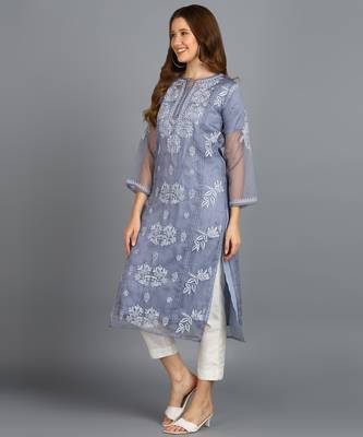 Vahson women's hand embroidered organza lucknowi chikankari kurta grey 2