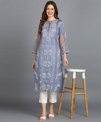 Vahson women's hand embroidered organza lucknowi chikankari kurta grey 3