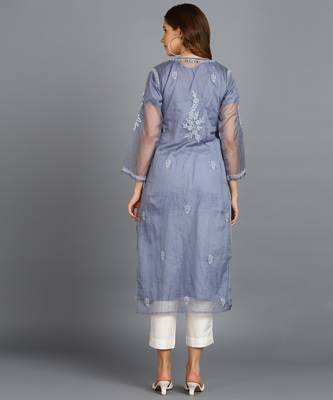 Vahson women's hand embroidered organza lucknowi chikankari kurta grey 4