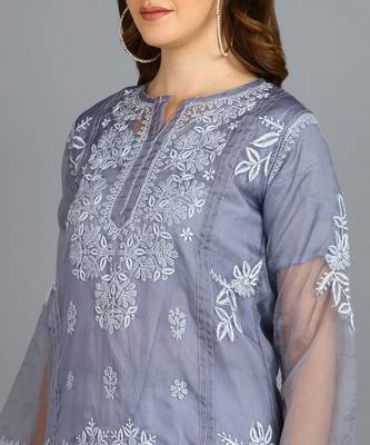 Vahson women's hand embroidered organza lucknowi chikankari kurta grey 5