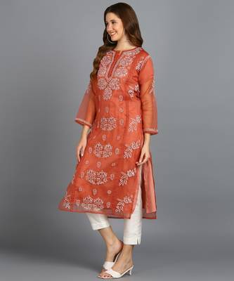 Vahson women's hand embroidered organza lucknowi chikankari kurta rust orange Without Inner 1