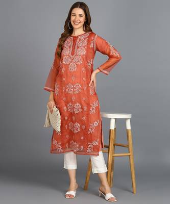 Vahson women's hand embroidered organza lucknowi chikankari kurta rust orange Without Inner 3