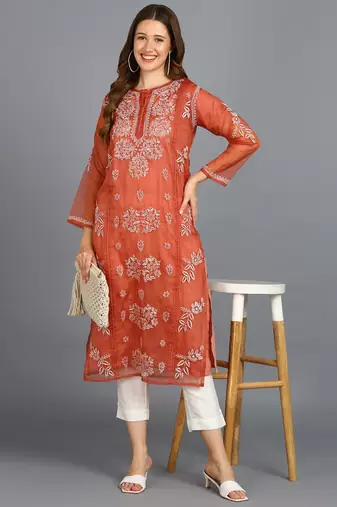Vahson women's hand embroidered organza lucknowi chikankari kurta rust orange Without Inner