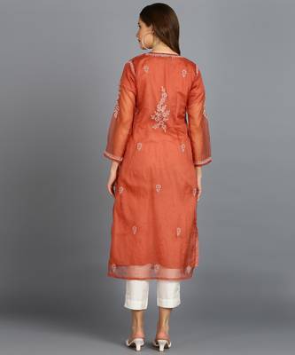 Vahson women's hand embroidered organza lucknowi chikankari kurta rust orange Without Inner 4