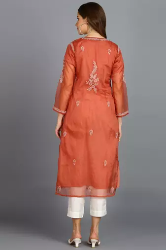 Vahson women's hand embroidered organza lucknowi chikankari kurta rust orange Without Inner