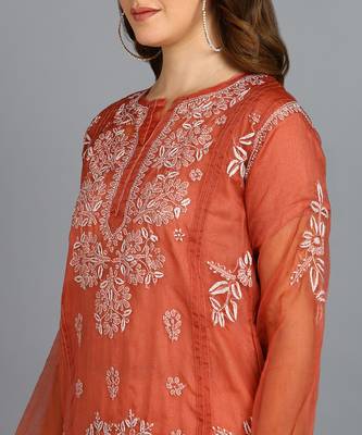 Vahson women's hand embroidered organza lucknowi chikankari kurta rust orange Without Inner 5