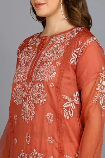 Vahson women's hand embroidered organza lucknowi chikankari kurta rust orange Without Inner