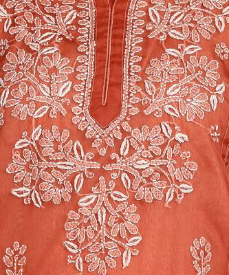 Vahson women's hand embroidered organza lucknowi chikankari kurta rust orange Without Inner 6