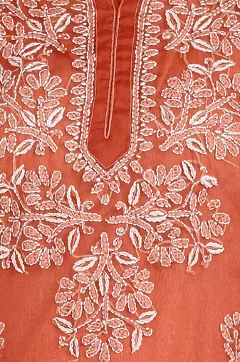 Vahson women's hand embroidered organza lucknowi chikankari kurta rust orange Without Inner
