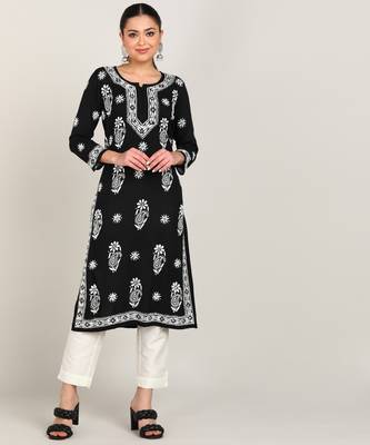 Women chikan embroidery, embroidered, block print viscose rayon a-line black kurta 1
