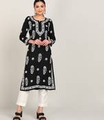 Women chikan embroidery, embroidered, block print viscose rayon a-line black kurta
