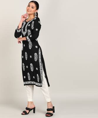 Women chikan embroidery, embroidered, block print viscose rayon a-line black kurta 2