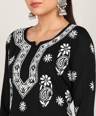 Women chikan embroidery, embroidered, block print viscose rayon a-line black kurta 3