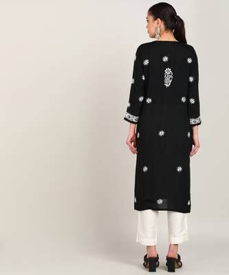 Women chikan embroidery, embroidered, block print viscose rayon a-line black kurta 4