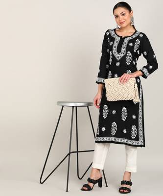 Women chikan embroidery, embroidered, block print viscose rayon a-line black kurta 5