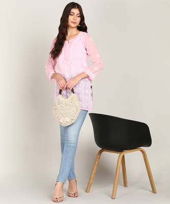  floral embroidered short georgette kurti pink 1