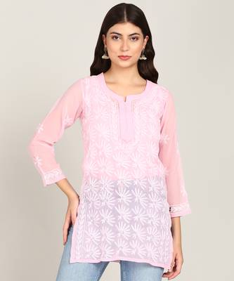  floral embroidered short georgette kurti pink 2