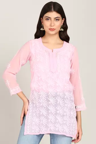  floral embroidered short georgette kurti pink