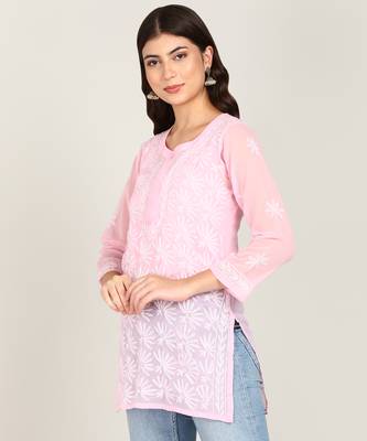  floral embroidered short georgette kurti pink 3
