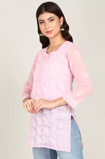 floral embroidered short georgette kurti pink