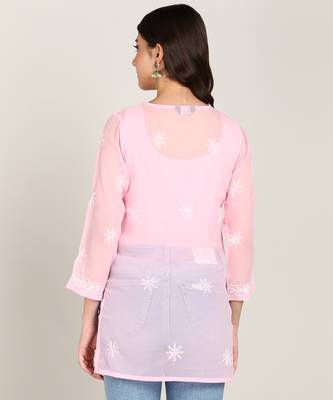  floral embroidered short georgette kurti pink 4