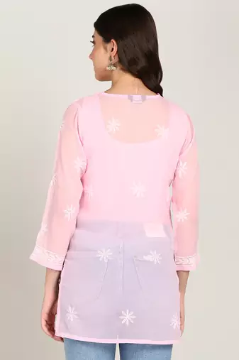  floral embroidered short georgette kurti pink