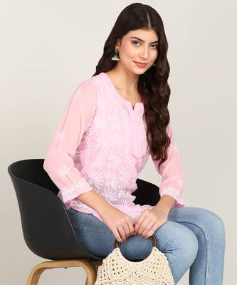  floral embroidered short georgette kurti pink 5