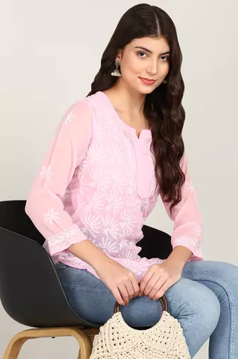  floral embroidered short georgette kurti pink