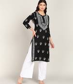 Vahson women lucknowi hand floral chikankari cotton kurta black