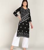 Vahson women's lucknowi hand floral chikankari cotton kurta black