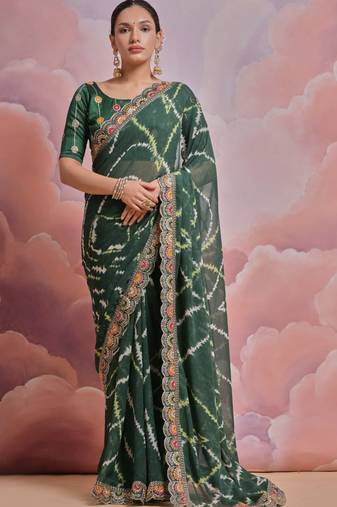 Ethnic Bandhej Printed Smart Embroidered Traditional Green Saree