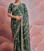 Ethnic Bandhej Printed Smart Embroidered Traditional Green Saree