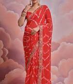 Ethnic Bandhej Printed Smart Embroidered Traditional Red Saree