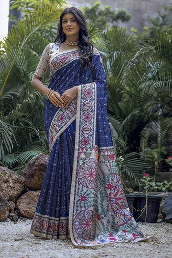 Designer Madhubani Printed Blue tussar silk blend Saree