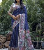  Madhubani Printed Blue tussar silk blend Saree
