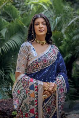  Madhubani Printed Blue tussar silk blend Saree 2
