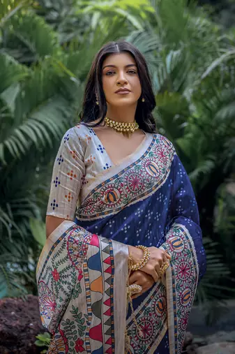  Madhubani Printed Blue tussar silk blend Saree