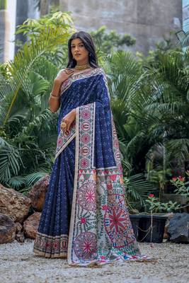  Madhubani Printed Blue tussar silk blend Saree 3
