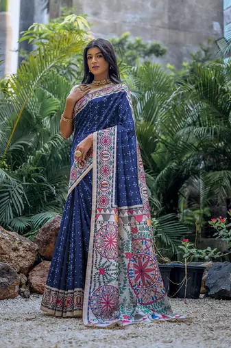  Madhubani Printed Blue tussar silk blend Saree