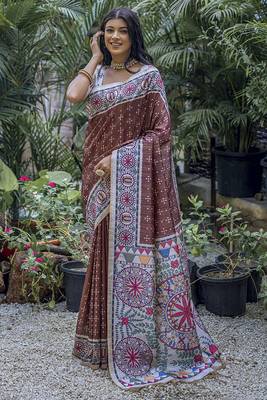  Madhubani Printed Coffee tussar silk blend Saree 1
