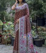  Madhubani Printed Coffee tussar silk blend Saree