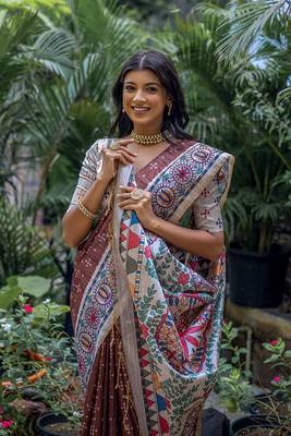  Madhubani Printed Coffee tussar silk blend Saree 2